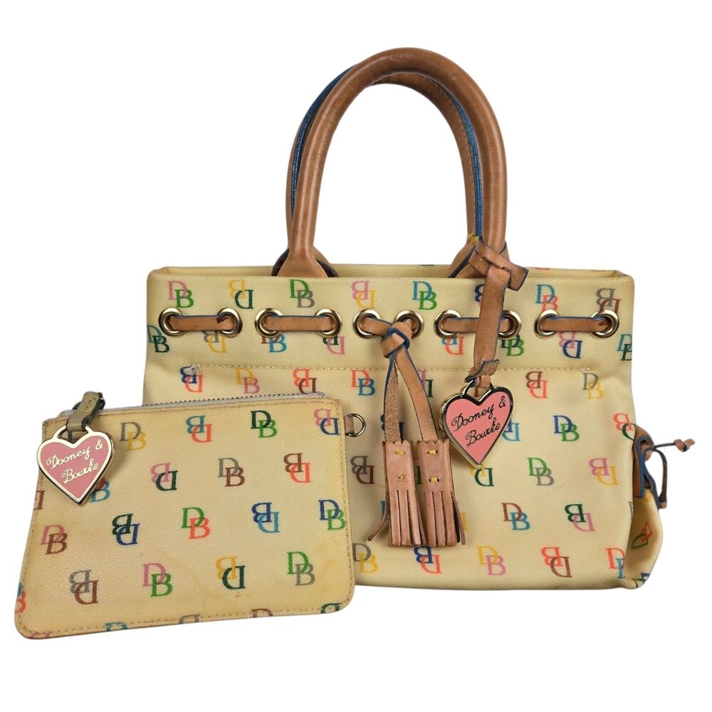 Dooney & Bourke Yellow Multicolor Monogram Mini Tassel Tote & Coin Purse w/Charm